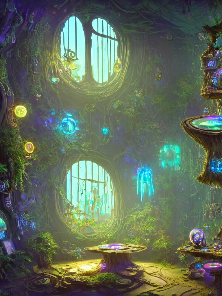 Image similar to the interior of a celestial dainty cyberpunk cottage in a bioluminescent tree trunk decorated beautifully, lots of cyberpunk design elements like toadstool mushrooms and small robots, warm sunlight shining in, lots of plants and flowers, concept art 8 k resolution, fantasy illustration, sharp focus, detailed painting, deep color, volumetric lighting, crepuscular rays