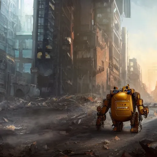 Image similar to A photorealistic render of Garfield the cat as a giant robotic mech suit, walking through a post-apocalyptic cityscape, ArtStation