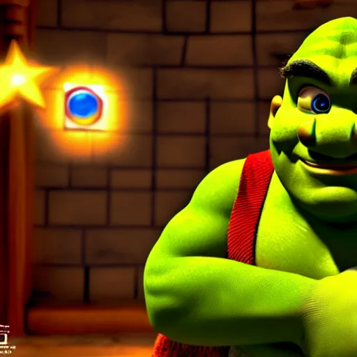 Image similar to super mario as shrek, highly detailed, extremely high quality, hd, 4 k, 8 k, canon 3 0 0 mm, professional photographer, 4 0 mp, lifelike, top - rated, award winning, realistic, detailed lighting, detailed shadows, sharp, no blur, edited, corrected, trending