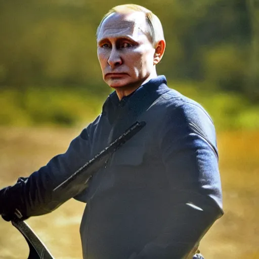 Prompt: photo of vladimir putin wearing a bandana and holding a sword, depth of field