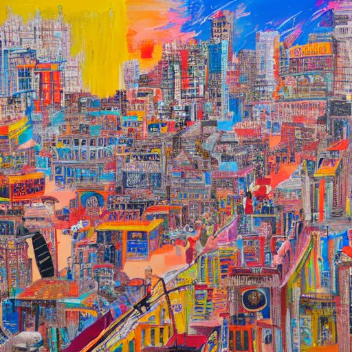 Prompt: african colonial city, bright and colourful, highly detailed, saturation, vibrant, proportionate facial details, acrylic, oil paint inspired by the works of julie mehretu