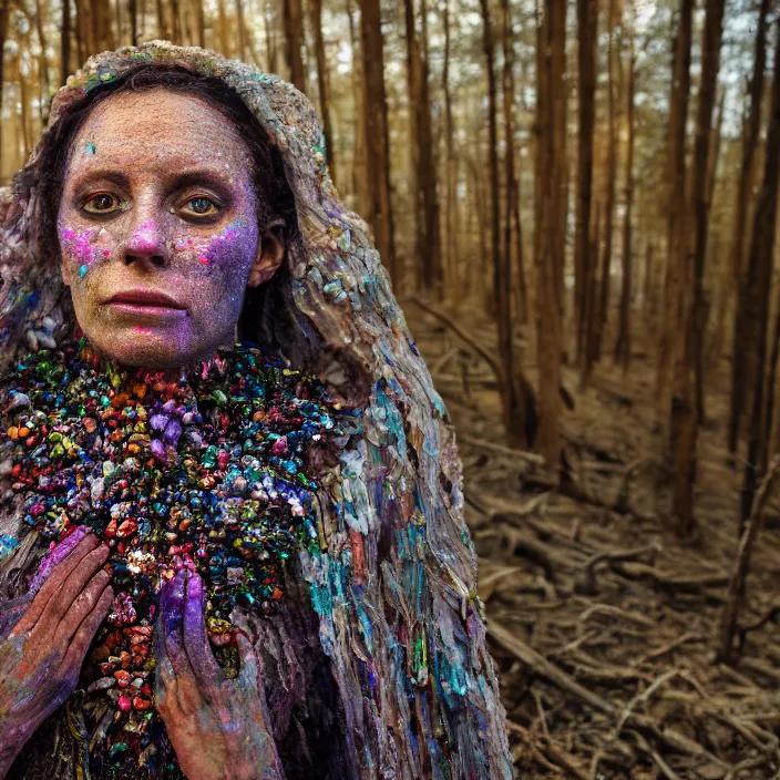 Prompt: closeup portrait of a woman wearing a cloak made of colorful geode crystals and wire, standing in a burnt forest, by Annie Leibovitz and Steve McCurry, natural light, detailed face, CANON Eos C300, ƒ1.8, 35mm, 8K, medium-format print