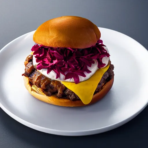 Prompt: Fast Food commercial photograph of a Sweat potato burger with a sweet cinnamon bun and velvet sauce, topped with hibiscus flower