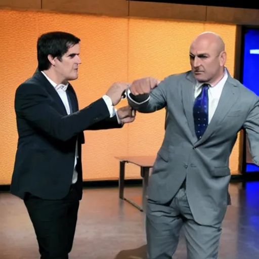 Image similar to Lighstaber duel between Kevin O'Leary and Mark Cuban, in Shark Tank (2016)