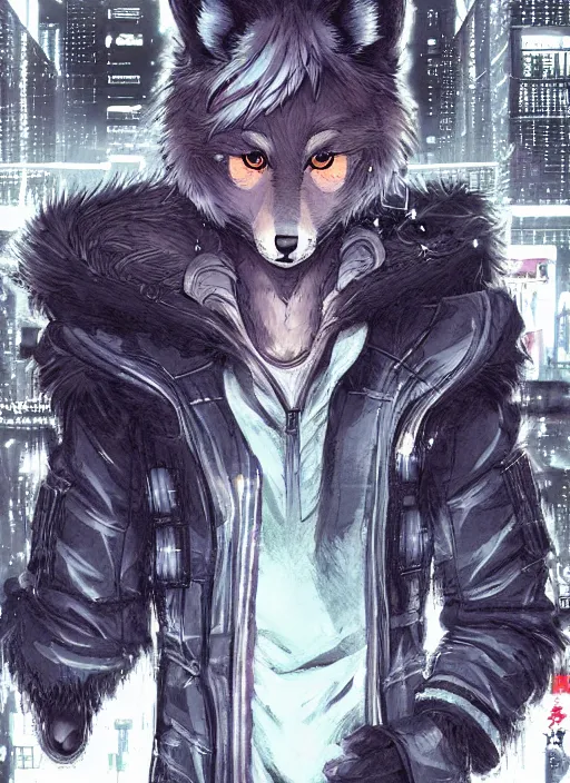 Image similar to character portrait of a male anthro wolf fursona with a tail and a cute beautiful attractive detailed furry face wearing stylish cyberpunk clothes in a cyberpunk city at night while it rains. hidari, color page, tankoban, 4K, tone mapping, Akihiko Yoshida.