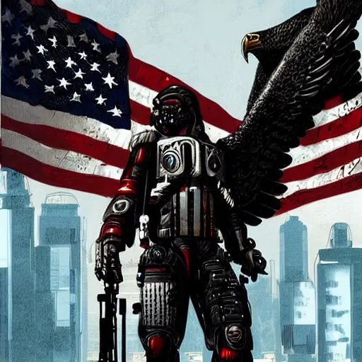 Image similar to America eagle with guns, cyborg, cyberpunk, goes hard, heavy metal, gritty, artstation, trending, detailed, patriotic.