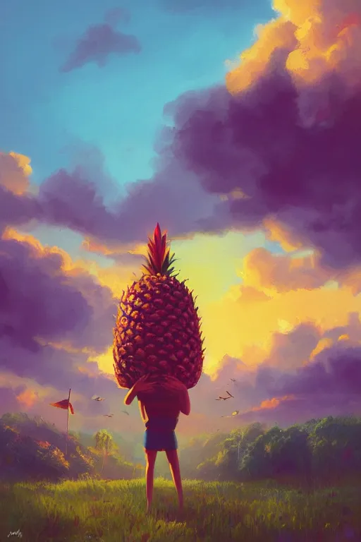 Prompt: closeup, giant pineapple head, the girl surrounded by djungle, surreal photography, golden hour, colorful clouds, impressionist painting, digital painting, artstation, simon stalenhag