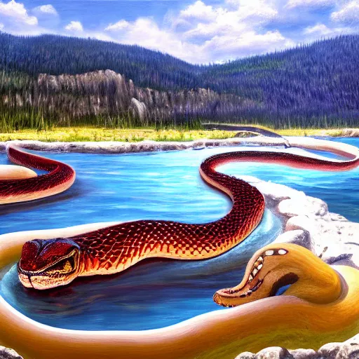 Image similar to oversized snake in a hotspring at yellowstone national park, highly detailed oil painting, featured on artstation