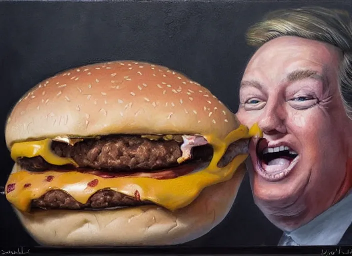 Image similar to realistic painting by jenny saville of!! donald trump!! licking a! cheeseburger!, art by jenny saville and tom bagshaw, detailed, sharp, smooth,! hamburger!