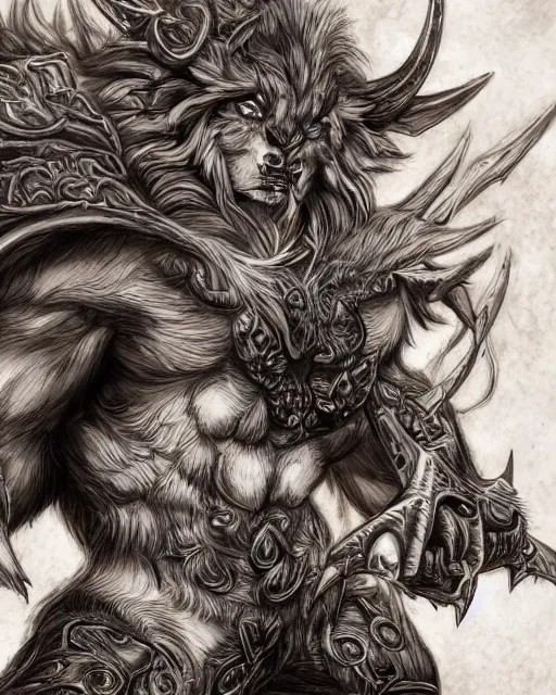 Image similar to A minotaur wolf, full body, highly detailed, close-up, fantasy art, monster art, in the style of masami kurumada, illustration, epic, fantasy, intricate, hyper detailed, artstation, concept art, smooth, sharp focus, ray tracing