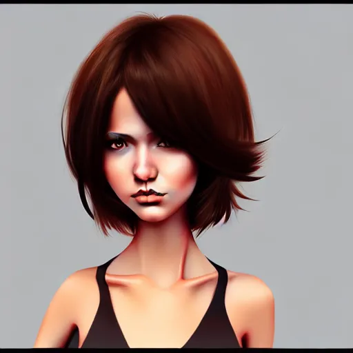 Image similar to animation character design girl, handrawn dynamic pose, french bob hair, short hair, brown eyes, realistic, 4 k!!!, art station