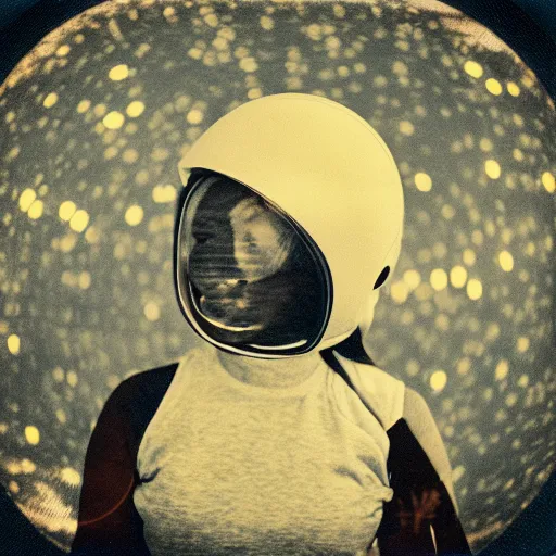 Image similar to a polaroid portrait of a beautiful woman wearing a space helmet, starry background, bokeh, lit from behind, heavy film grain, color bleed