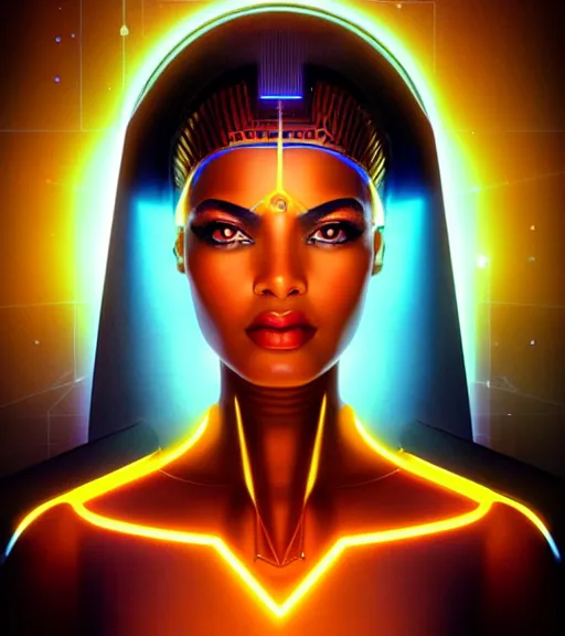 Image similar to symmetry!! egyptian goddess of technology, solid cube of light, hard edges, product render retro - futuristic poster scifi, lasers and neon circuits, brown skin beautiful egyptian goddess, intricate, elegant, highly detailed, digital painting, artstation, concept art, smooth, sharp focus, illustration, dreamlike, art by artgerm