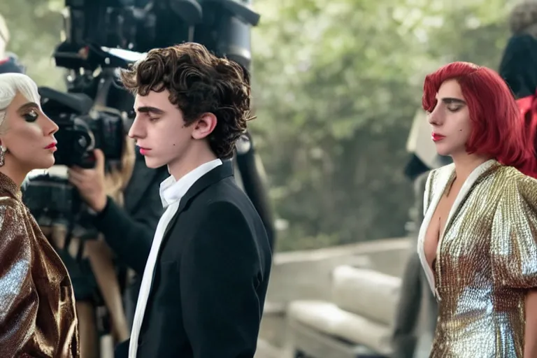 Image similar to lady gaga and timothee chalamet meet, red weapon 8 k s 3 5, cooke anamorphic / i lenses, highly detailed, cinematic lighting