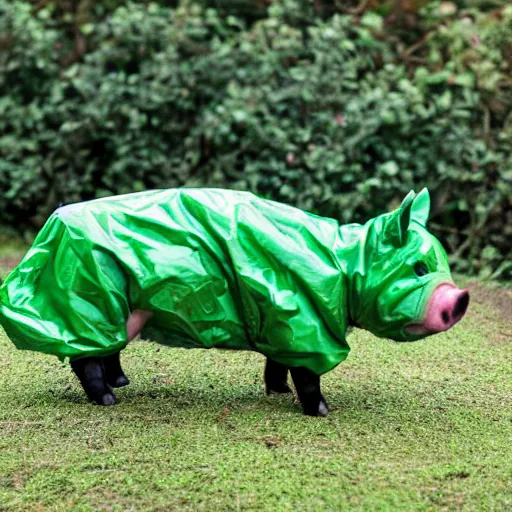 Image similar to photograph of a cute pig walking upright wearing a green dinosaur raincoat