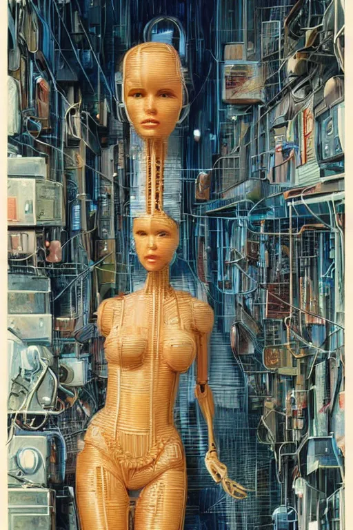 Prompt: a highly detailed retro futuristic female manikin made out of pasta standing in a dank alleyway from blade runner, a robot made out of pasta, arms and legs made out of spaghetti, body made out of macaroni, beautiful highly symmetric face, painting by Peter Andrew Jones and Greg Hildebrandt