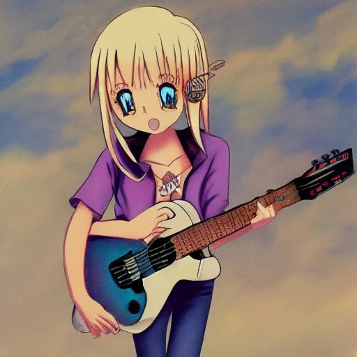 Image similar to a rabbit playing guitar, anime art