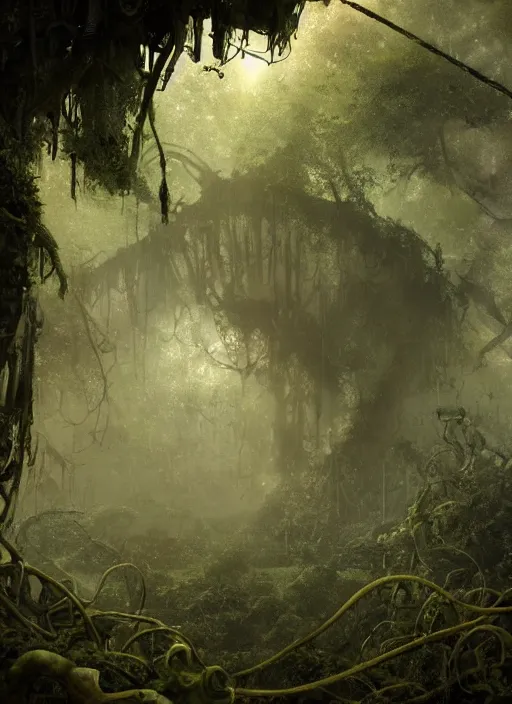 Prompt: decayed aircraft carrier Nimitz laying on the ground of a tropical forest overgrown with vegetation and hanging vines, post appocalyptic, by Luis Royo, by Greg Rutkowski, dark, gritty, intricate, cover illustration, concept art, volumetric lighting, volumetric atmosphere, sharp focus, octane render, trending on artstation, 8k