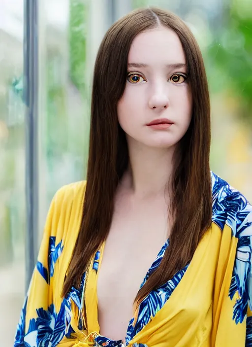 Prompt: portrait photograph of beautiful!!!! young female model, symmetric face!, symmetric eyes, slight smile, natural light, wearing a yellow kimono with a very detailed barn owl! on her shoulder in a tropical greenhouse. looking at the camera!!. super resolution. Extremely detailed. Graflex camera!, bokeh!!!!!.