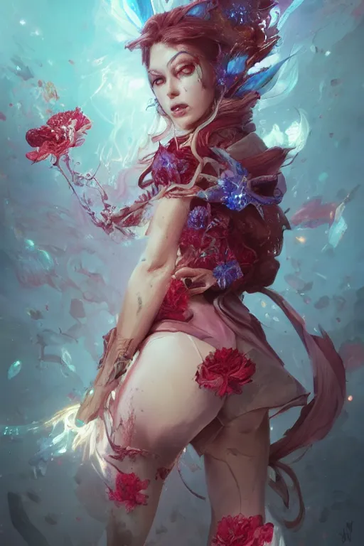 Image similar to beautiful girl necromancer covered with blood exploding crystals, 3 d render, hyper realistic detailed portrait, holding magic flowers, scifi, fantasy, hyper detailed, octane render, concept art, peter mohrbacher, artgerm, ruan jia, wlop