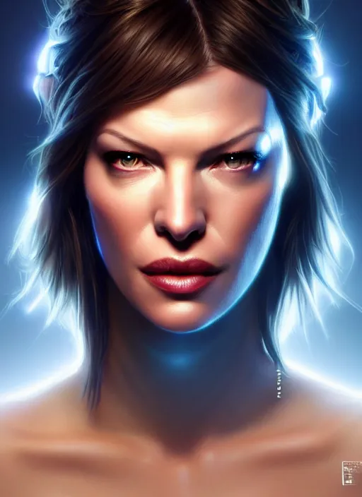 Image similar to portrait of female as cortana, milla jovovich, intricate, elegant, glowing lights, highly detailed, digital painting, artstation, glamor pose, concept art, smooth, sharp focus, illustration, epic angle, art by artgerm and greg rutkowski, artey freytag