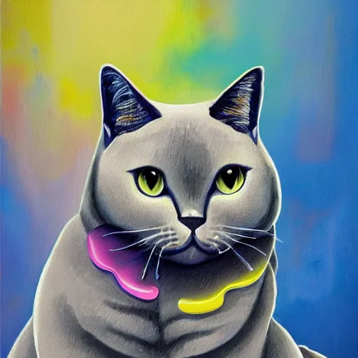 Prompt: claudia sanchez colorful cat art portrait of a grey british shorthair cat sitting on wavy abstract piano keys with musical notes in the background detailed luminescent magical realism painting of 4 k