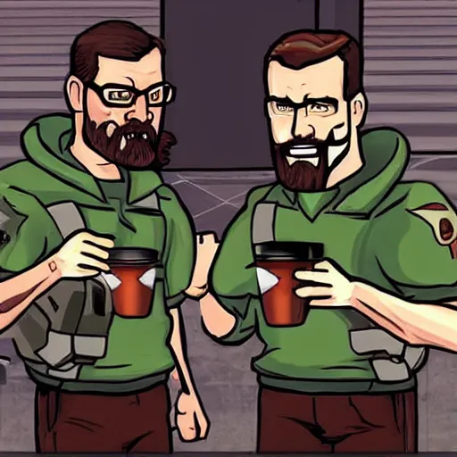 Image similar to Gordon Freeman and doomguy drink coffee