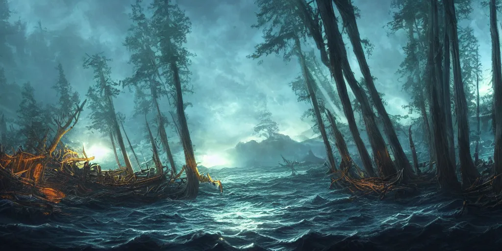 Image similar to epic ship view of a long shoreline on the edge of a dark forest and hills with evil eyes glowing between trees, drowned medieval woman shipwrecked on the shore, far in the distance is a vertical beam of light, dramatic dark glowing golden neon sunset, dynamic lighting, hyperrealistic, hd 4 k, artstation