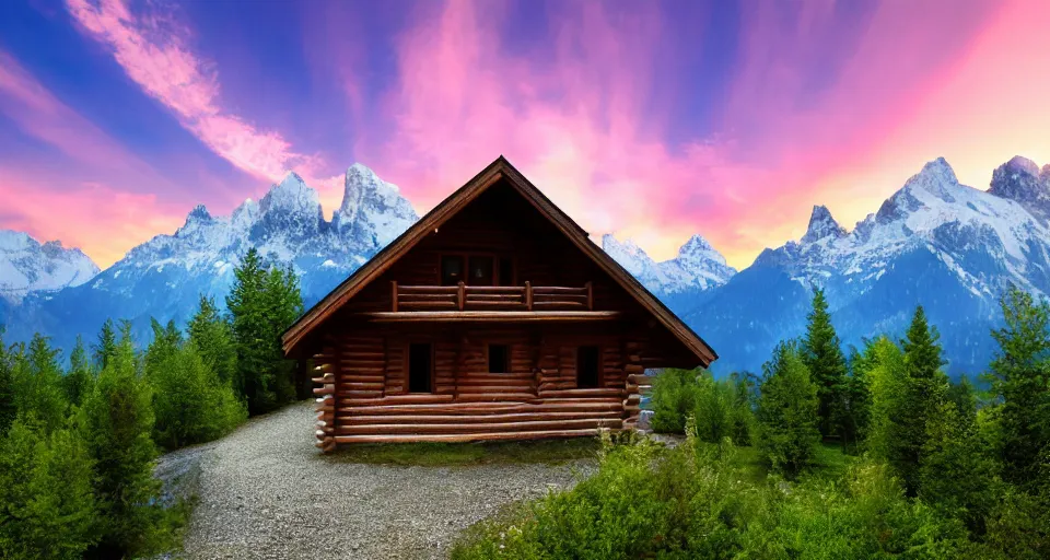 Image similar to log cabin beneath the alps, vaporwave, 4 k