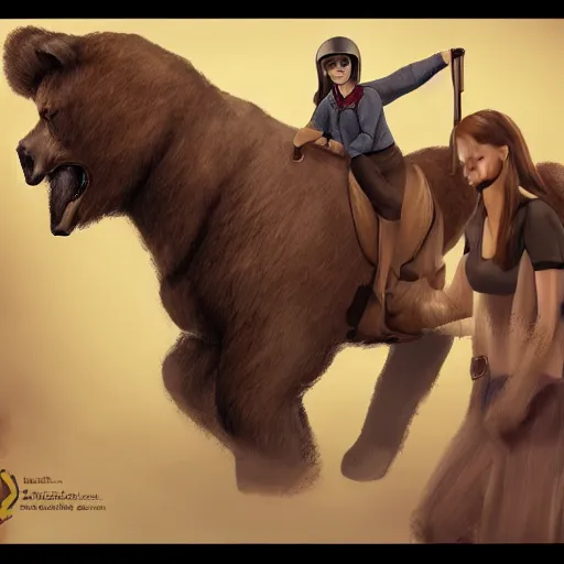 Image similar to equestrian riding a giant bear in the par, trending on artstation k