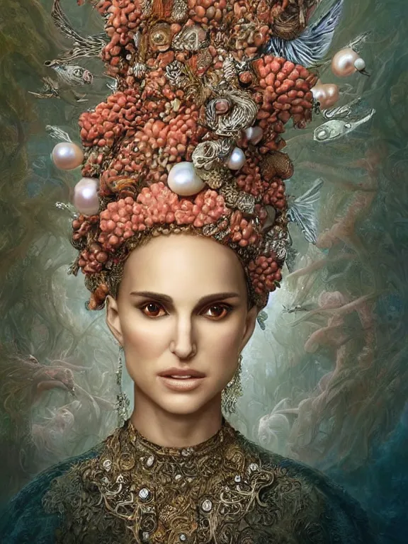 Prompt: a portrait render of Natalie Portman between fish and coral reef who has baroque dramatic headdress with intricate fractals of shellfish and pearls,by tom bagshaw and Agnieszka Lorek and Visarute Angkatavanich and aaron horkey and peter gric,trending on pinterest,rococo,hyperreal,maximalist,glittering,feminine