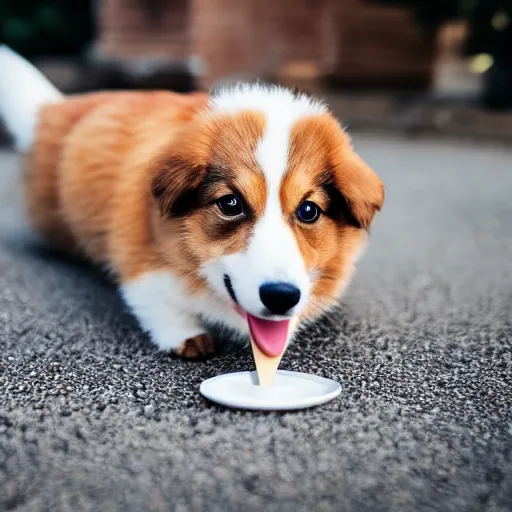 Image similar to a cute corgi puppy eating icecream, Sigma 85mm f/1.4