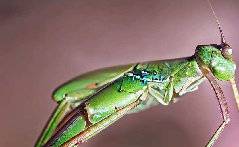 Image similar to extremely detailed macro photograph of a praying mantis, blur, glare, veins, transparency, bubbles, professional photography, studio, microscope