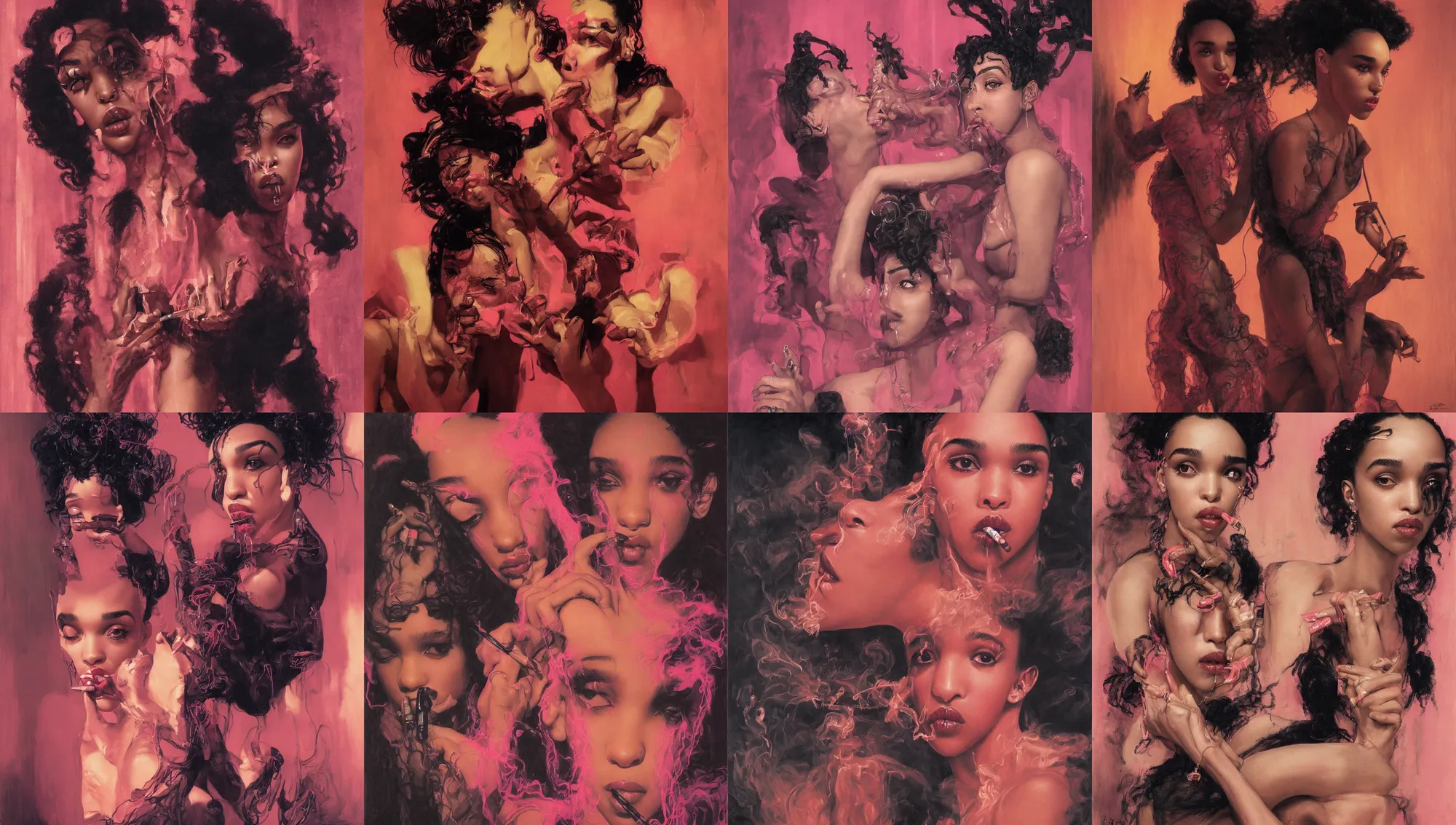 Prompt: close portrait of fka twigs looking into the camera leaning back against a wall smoking a cigarette, pink neon street, 1 9 7 0 s, intricate, moody, personal, highly detailed, short focus depth, donato giancola, joseph christian leyendecker, frank frazetta, alex horley, ralph horsley, michael whelan