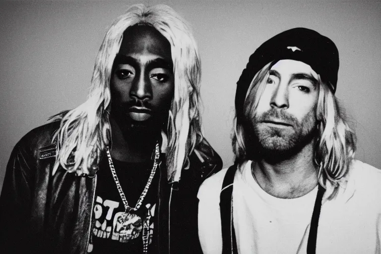 Image similar to Polaroid photograph of Kurt Cobain and Tupac Shakur, XF IQ4, 150MP, 50mm, F1.4, ISO 200, 1/160s, natural light, Adobe Lightroom, photolab, Affinity Photo, PhotoDirector 365,