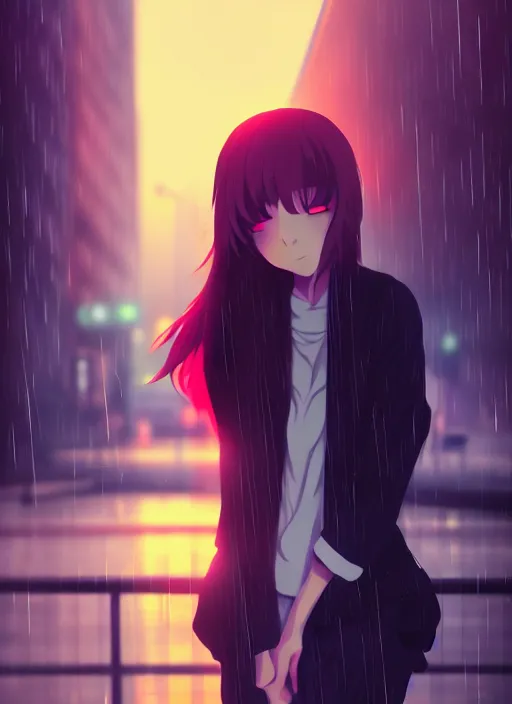 Image similar to listening to music at 2 am, night, pretty girl, pose, rain, lofi, lofi, peaceful, street light, anime key visual, poster, street wears, anime, by wlop, high quality, 4 k, trending, trending on artstation