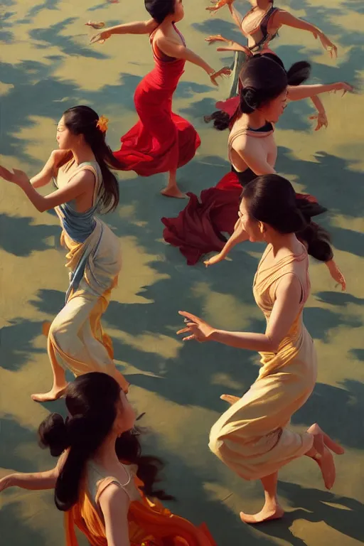 Image similar to greg manchess top angle shot of group of asian females dancing, organic painting, sunny day, matte painting, bold shapes, hard edges, street art, trending on artstation, by huang guangjian and ail elvgren and sachin teng, 8 k, high detail, fantasy art, dnd, artstation,