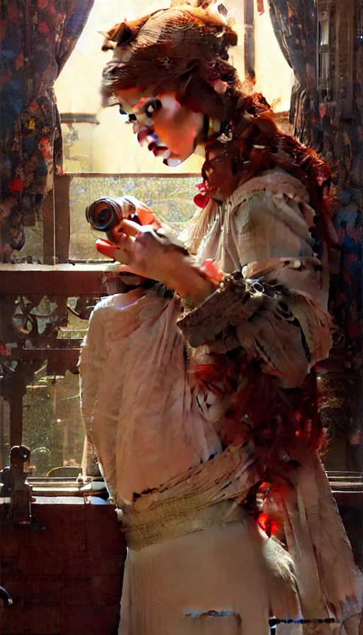 Image similar to hyper realistic photographer looking through camera, magical, painted by james gurney, norman rockwell, tom bagshaw, mucha, gaston bussiere, craig mullins, j. c. leyendecker 8 k