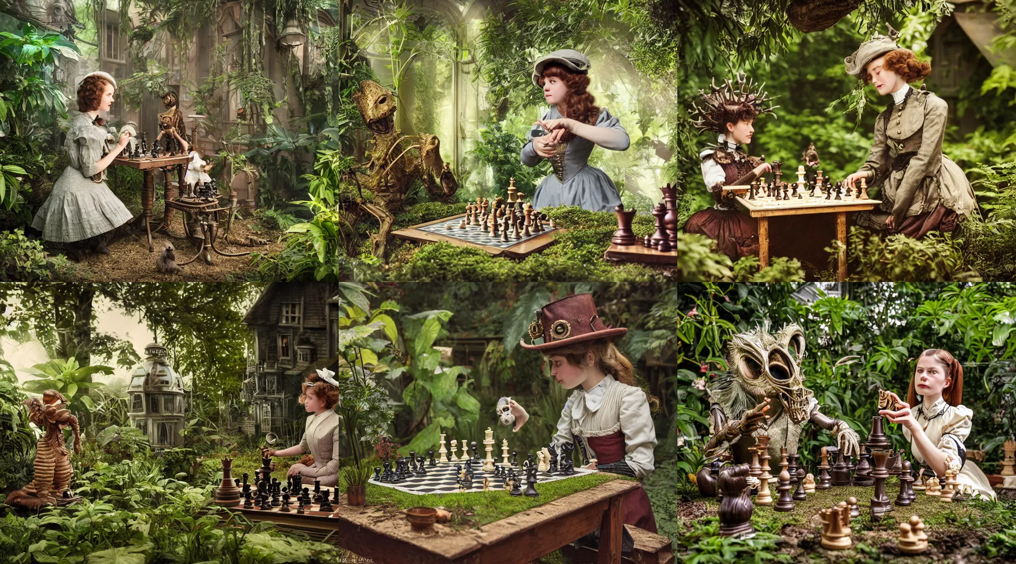 Prompt: detailed, sharp, a girl playing chess with her cute pet humanoid alien creature, wearing 1890s era clothes, in the garden of a house on an alien planet with alien plants growing, extremely highly detailed, steampunk, in focus faces, 70 mm film still from a period sci fi color movie, 4k, HD, cinematic lighting