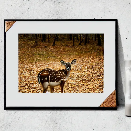 Image similar to a beautiful spotted deer in the woods, canon eos c 3 0 0, ƒ 1. 8, 3 5 mm, 8 k, medium - format print