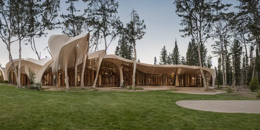 Image similar to large residence in the style of the pacific science center, white arches