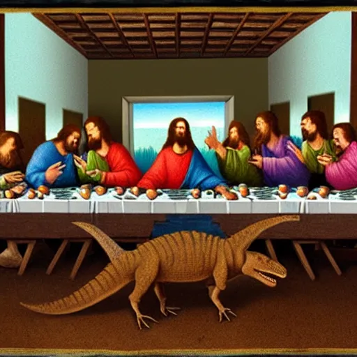 Image similar to the last supper with dinosaurs