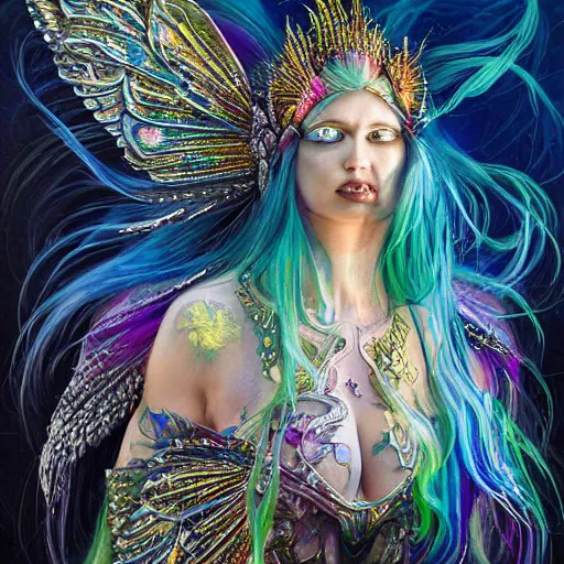 Prompt: A princess with rainbow wings and rainbow hair. complex hyper-maximalist over-detailed beautiful but terrifying, cinematic cosmic scifi portrait of an elegant very attractive but wild and dangerous witch anthropomorphic female warrior god by andrei riabovitchev, tomasz alen kopera, oleksandra shchaslyva alex grey and bekinski. Fantastic realism. Volumetric soft green and red lights. Ominous intricate. Secessionist style ornated portrait illustration. Unreal engine 5. Focus on face. Artstation. Deviantart. 8k 4k 64megapixel. Cosmic horror style. Rendered by binx.ly. coherent, hyperrealistic, lifelike textures and only one face on the image.