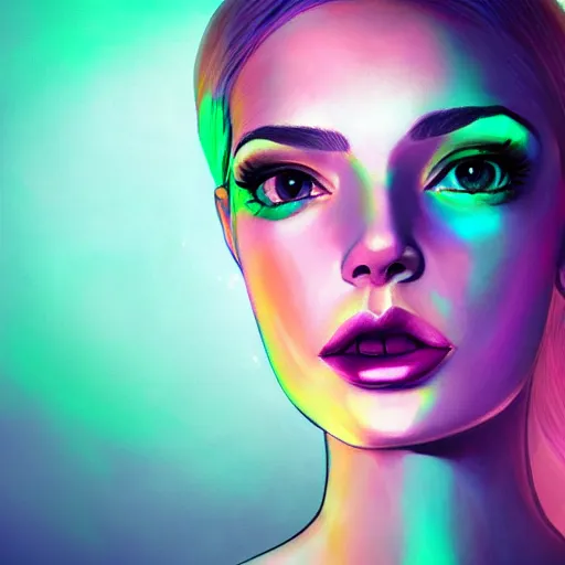 Prompt: portrait of a woman inspired by lois van baarle, iridescent, holographic, neon, natural, model, self - confidence, light make - up
