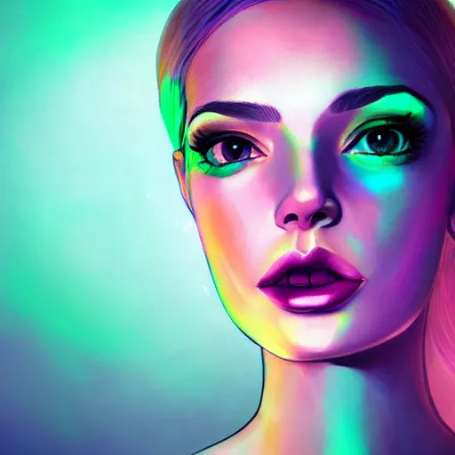 Image similar to portrait of a woman inspired by lois van baarle, iridescent, holographic, neon, natural, model, self - confidence, light make - up