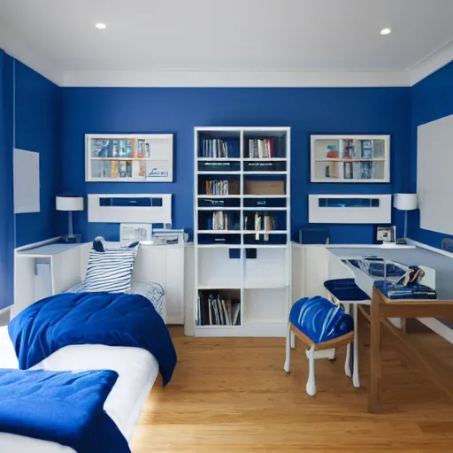 Image similar to award-winning blue and white modern boy's room catalog photo. single bed. A single window illuminates the bed and the desk.