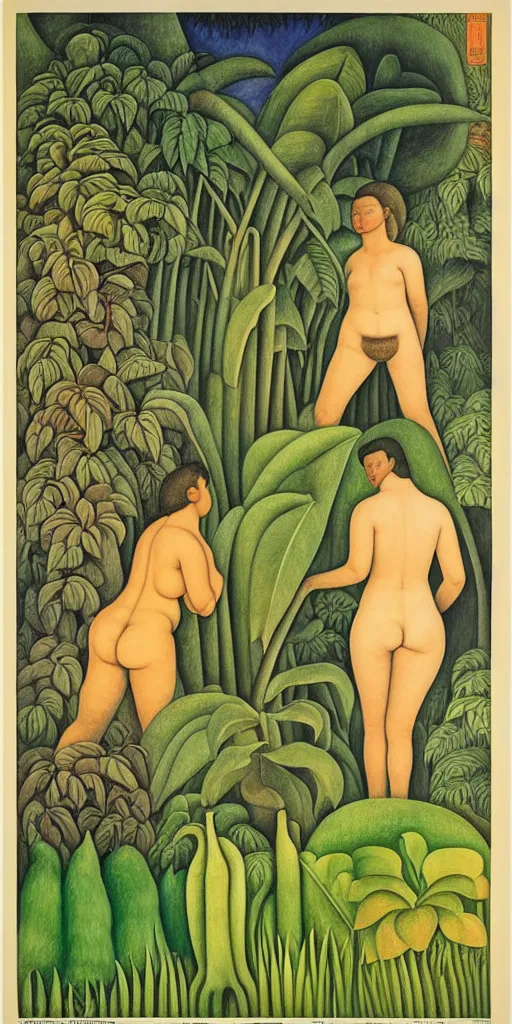 Image similar to 1980 naturist garden movie poster, drawings in part by Diego Rivera, part by Ernst Haekl, text by William S Boroughs, written by Michael Ende
