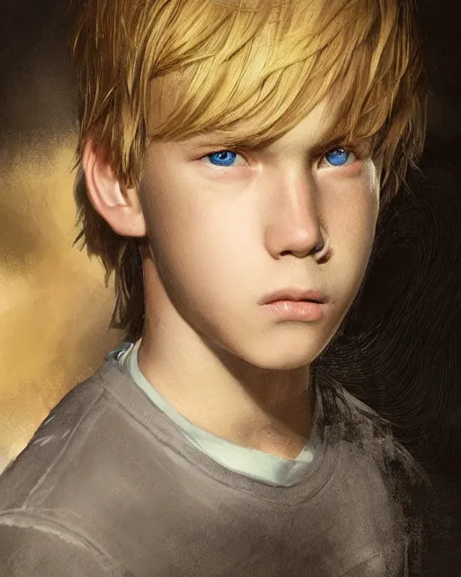 Image similar to portrait of 1 5 - year - old boy with blonde hair, round - face, and slightly buck - toothed, hyper realistic face, beautiful eyes, fantasy art, in the style of greg rutkowski, intricate, hyper detailed, smooth