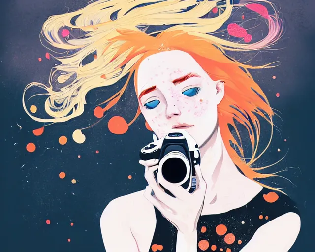 Image similar to pale young woman with bright blonde hair, freckles, gray eyes and a wide face, flowery dress, she is holding a professional dslr camera close to her face with one hand, dramatic lighting, bright flare, expressive, surrealist art by conrad roset