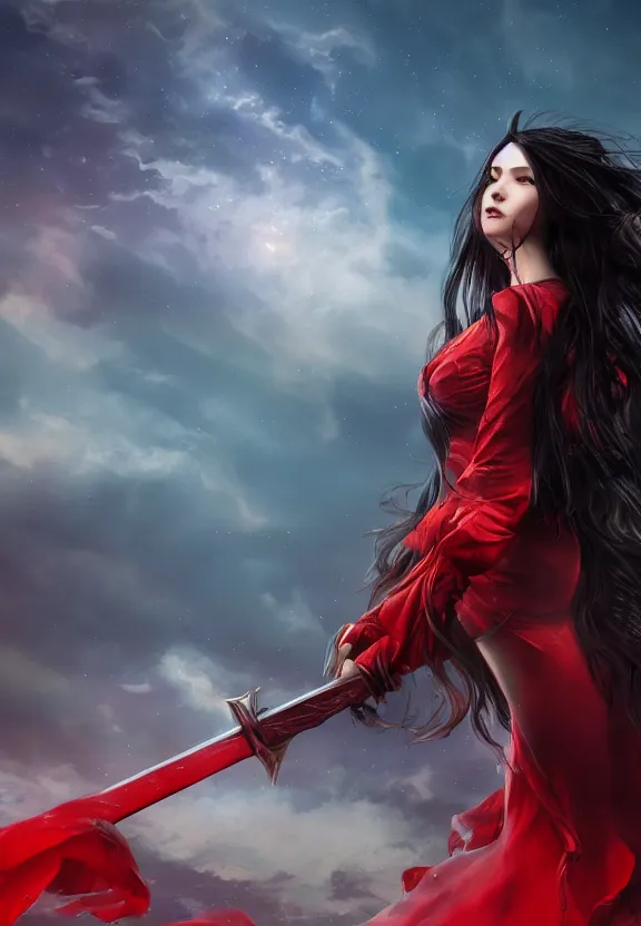 Image similar to a beautiful fierce long black haired woman wearing red dress wielding black sword posing gracefully heroically, heavenly moonlit clouds background, close up shot, artstation, extremely detailed woman, stunning volumetric lighting, hyper realism, fantasy 4k